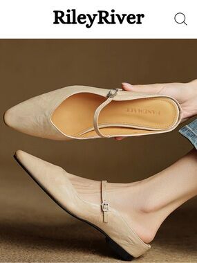 New-never worn- Beige Pointed Mary Jane Mules with Strap - Women's Slip-On Clog